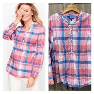 Talbots XL Popover Top Long Sleeve Lightweight Pink Blue Plaid
